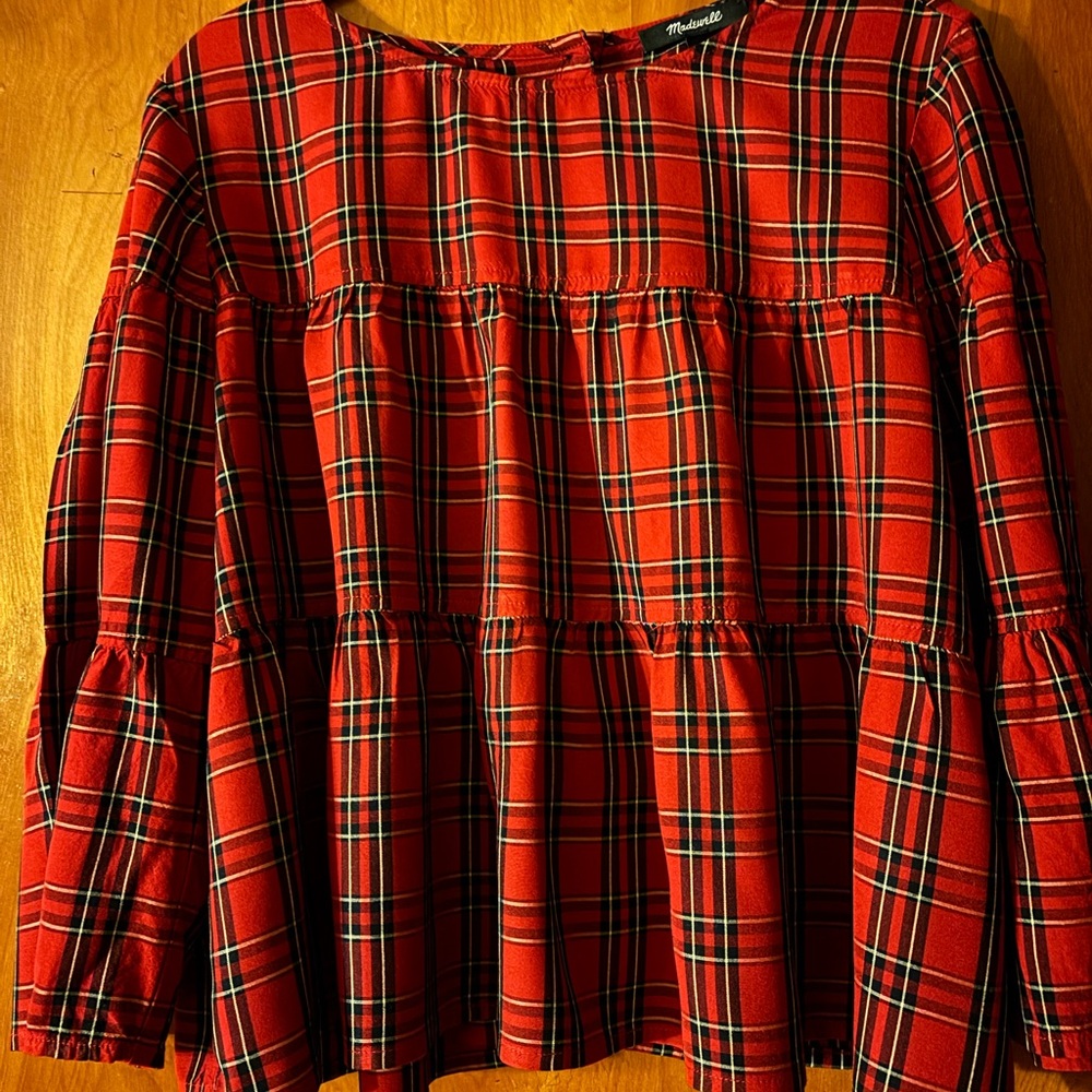 Madewell Red Plaid Tiered Top, EUC, M